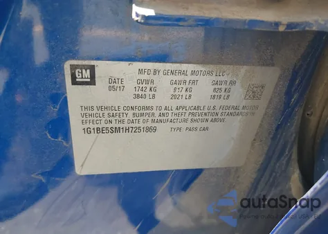 2017 Chevrolet Cruze Lt Auto из США, поврежденный, VIN 1G1BE5SM1H7251869